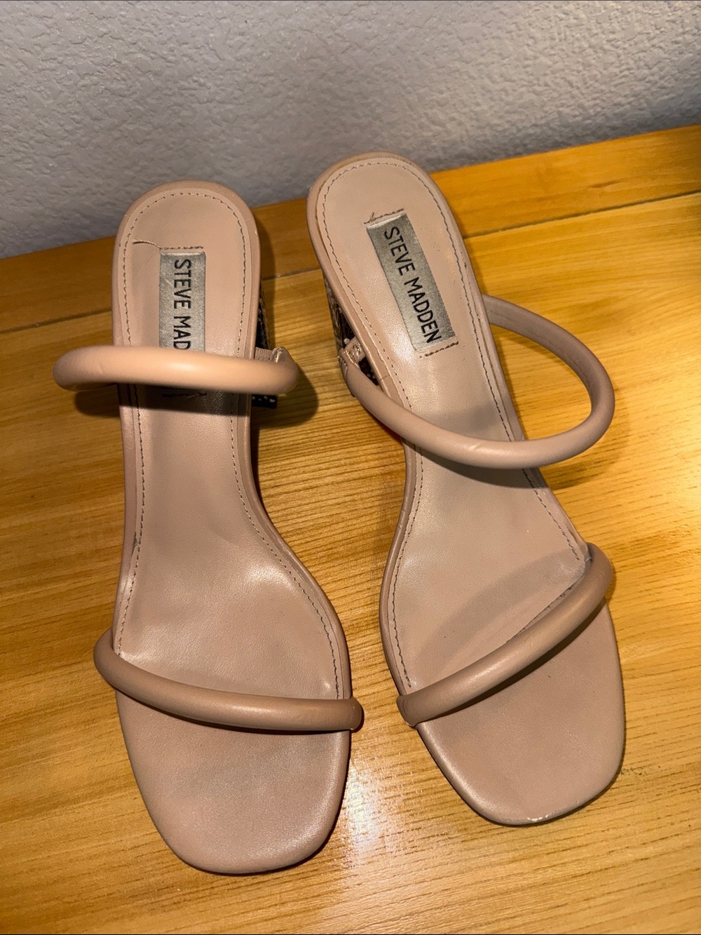 Steve Madden Tan/Blush Double-Strap Sandals with Snakeskin Block Heel